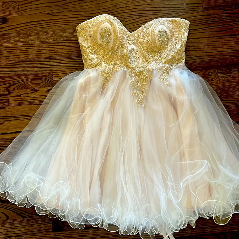 Chic Ivory and Gold Strapless Cocktail Dress